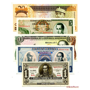 LOTE DE 5 BILLETES DE COLOMBIA, BOLIVIA Y REPÚBLICA DOMINICANA EN ALTO GRADO DE CONSERVACIÓN