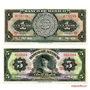 ESPECTACULARES BILLETES DE 1 Y 5 PESOS MEXICANOS DE 1961 EN ALTO GRADO DE CONSERVACIÓN