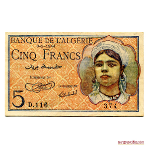 ESCASO BILLETE COLONIAL DE ARGELIA DE 5FRANCS DE 1944