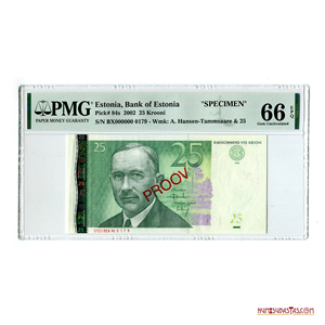 ESCASO SPECIMEN DE 25 KROONI DE ESTONIA, 2002. PMG GEM UNC 66 EPQ