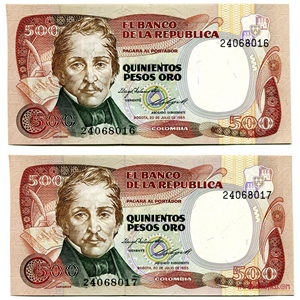 PAREJA CONSECUTIVA DE 500 PESOS COLOMBIANOS DE 1985 EN ALTO GRADO DE CONSERVACIÓN