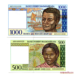 SET DE BILLETES DE 1.000 Y 500 FRANCOS DE MADAGASCAR EN ALTO GRADO DE CONSERVACIÓN