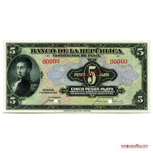 SPECIMEN DE 5 PESOS, COLOMBIA, DEL 1° DE ENERO DE 1941. CERTIFICADO DE PLATA.
