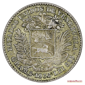 BOLÍVAR DE PLATA DEL AÑO 1936 EN BUEN GRADO DE CONSERVACIÓN
