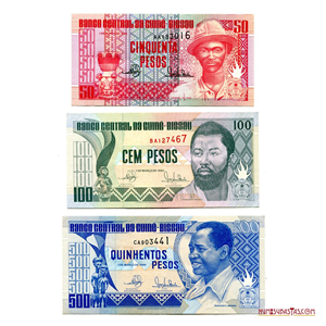 LOTE DE 3 BILLETES DE GUINEA BISSAU DE 500, 100 Y 50 PESOS DE 1990