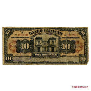 BILLETE DE 10BS DEL BANCO CARACAS IMPRESO EN EL AÑO 1913, MUY ESCASO