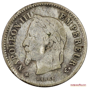 MONEDA DE PLATA DE 20 CENTIMES 1867 A CON EL BUSTO DE NAPOLEÓN III
