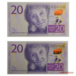 PAREJA CONSECUTIVA DE 20 KRONOR SUECOS DE ASTRID LINDGREN