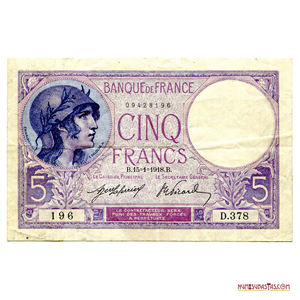 HERMOSO BILLETE DE 5FRANCS FRANCESES DEL AÑO 1918