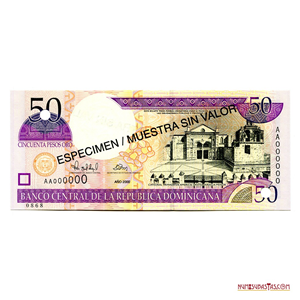 ESPECIMEN DE LOS 50 PESOS DE REPÚBLICA DOMINICANA DEL AÑO 2000