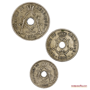 SET DE MONEDAS DE 25, 10 Y 5 CENTIMES DE BÉLGICA 1905-1922