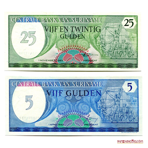PAREJA DE BILLETES DE 25 Y 5 GULDEN DE SURINAM EN ALTO GRADO DE CONSERVACIÓN