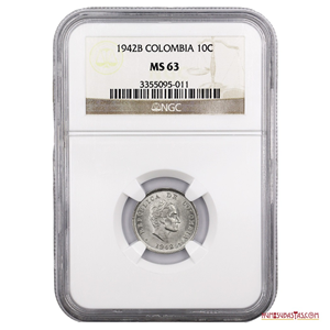 10 CENTAVOS DE PLATA DE COLOMBIA DE 1942 B CON BUSTO DE BOLÍVAR. NGC MS63