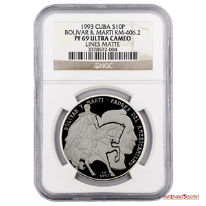 CUBA, 10 PESOS, 1993. BOLÍVAR Y MARTÍ PADRES DEL AMERICANISMO. VARIANTE ESCUDO CON RAYAS MATES. RARA VARIANTE, SEGUNDO GRADO MÁS ALTO (NGC PROOF 69 ULTRACAMEO) SUPERADO POR UN SOLO EJEMPLAR EN 70