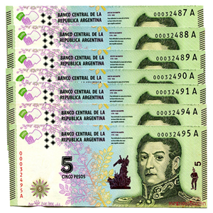 LOTE DE 7 BILLETES DE 5 PESOS ARGENTINOS “LIBERTADORES DE AMÉRICA” CON EL BUSTO DE BOLÍVAR