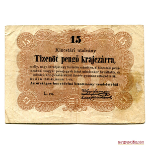 BILLETE DE EMERGENCIA DE 15 PENGO DE LA REVOLUCIÓN HÚNGARA DE 1849
