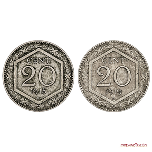 PAREJA DE MONEDAS REACUÑADAS DE 20 CENTESIMI ITALIANOS DE 1918 Y 1919