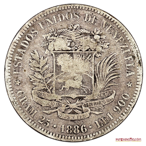FUERTE DE PLATA O MONEDA DE 5BS DEL AÑO 1886 CON LA VARIANTE: FECHA ANCHA, SIN ACENTO EN BOLIVAR