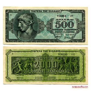 DOS BILLETES INFLACIONARIOS GRIEGOS DE 2.000 Y 500 DRACMAS DE 1944