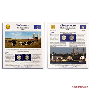 ¼$ DE WISCONSIN Y CONNECTICUT EN PRESENTACIÓN CON ESTAMPILLAS, CECAS FILADELFIA Y DENVER