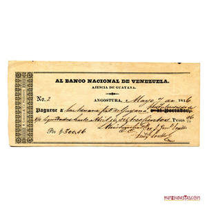 CHEQUE POR 26 PESOS AL BANCO NACIONAL DE VENEZUELA, AGENCIA GUAYANA, 1846.