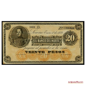 BILLETE DE 20 PESOS DEL BANCO DEL NORTE, COLOMBIA, 1882. REMANENTE NO EMITIDO.