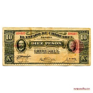 BILLETE DE EMERGENCIA DE 10 PESOS DEL ESTADO DE CHIHUAHUA EMITIDO EN 1914